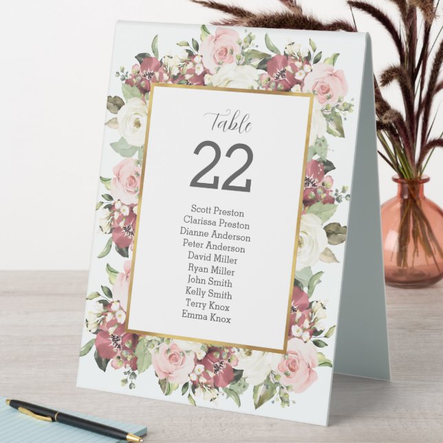 Mauve Pink Florals Gold Wedding Table Assignment Tent (In SItu (Table))