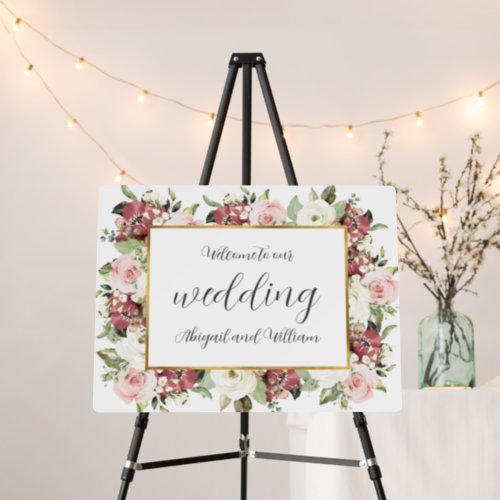 Mauve Pink Florals Gold Welcome Wedding Sign