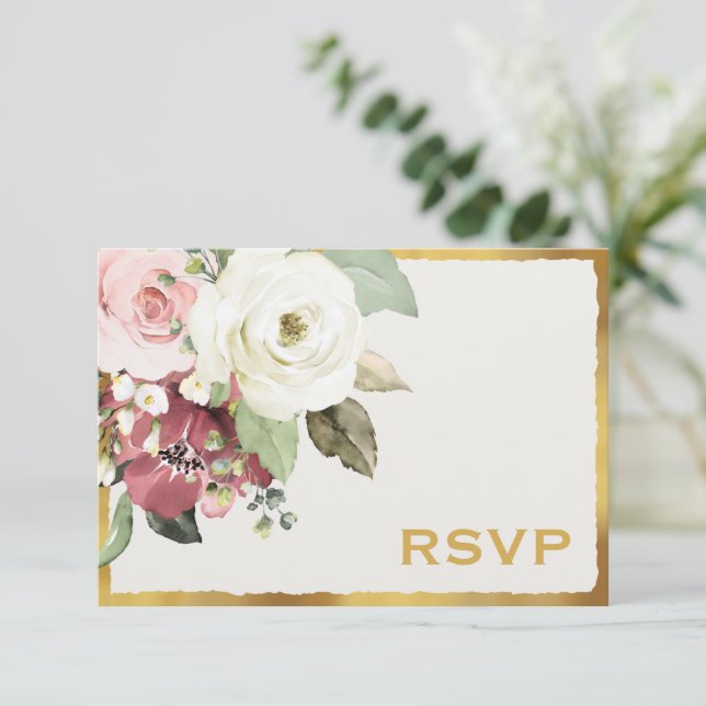 Mauve Pink Florals Luxe Gold Edge Wedding RSVP Card (Standing Front)