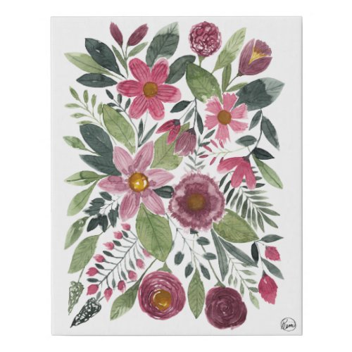 Mauve Pink Forest Green Watercolor Flowers Leaves Faux Canvas Print