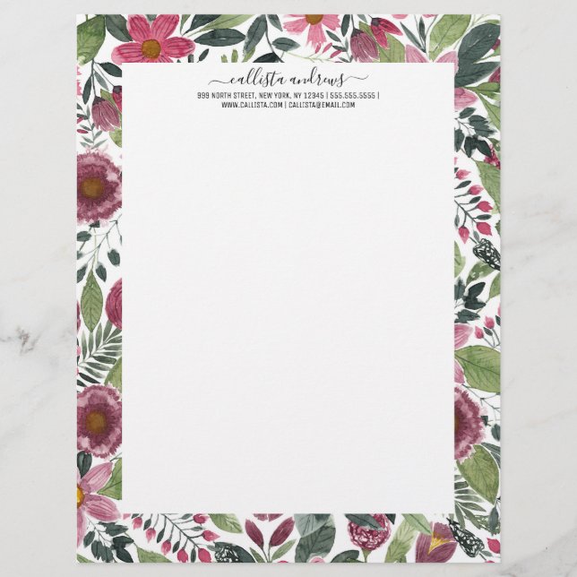 Mauve Pink Forest Green Watercolor Flowers Leaves Letterhead (Front)