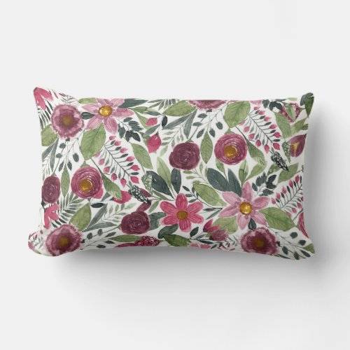 Mauve Pink Forest Green Watercolor Flowers Leaves Lumbar Pillow