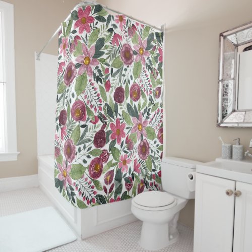 Mauve Pink Forest Green Watercolor Flowers Leaves Shower Curtain
