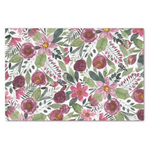 Mauve Pink Forest Green Watercolor Flowers Leaves Tissue Paper