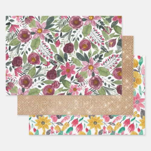 Mauve Pink Forest Green Watercolor Flowers Leaves Wrapping Paper Sheets