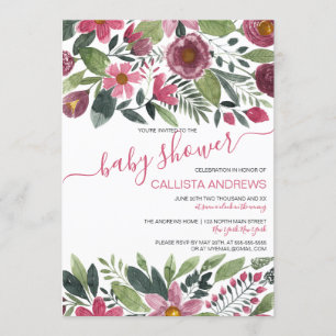 Mauve Pink Forest Watercolor Floral Baby Shower Invitation