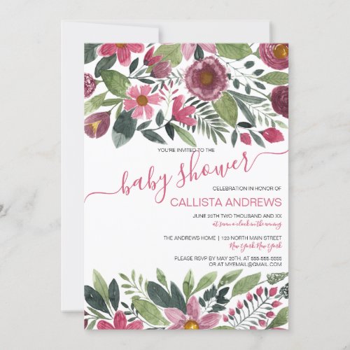 Mauve Pink Forest Watercolor Floral Baby Shower Invitation