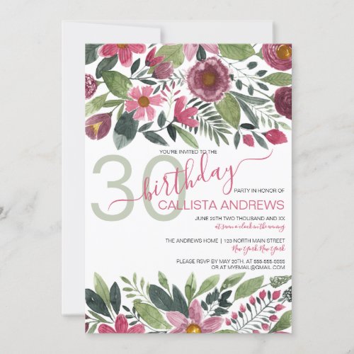 Mauve Pink Forest Watercolor Floral Leaf Birthday Invitation