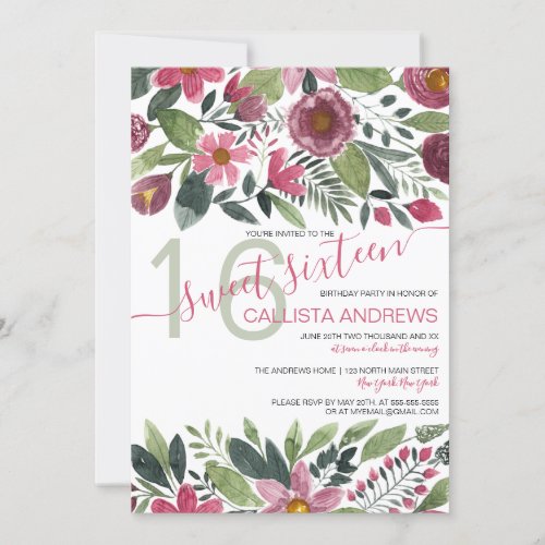 Mauve Pink Forest Watercolor Floral Leaf Sweet 16 Invitation