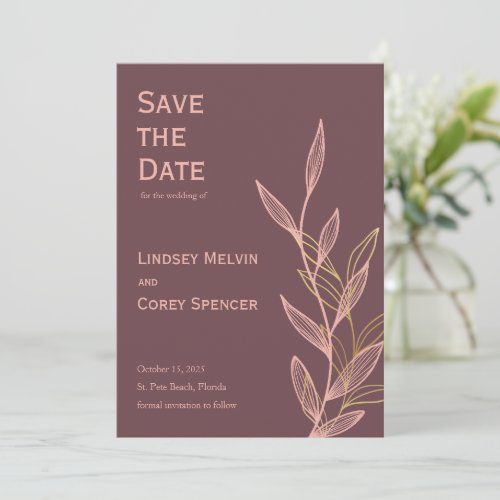 Mauve Pink Gold Leaf Wedding Save the Date Invitation