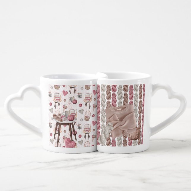MAUVE & PINK KNITTING THEMED ITEMS COFFEE MUG SET (Front Nesting)
