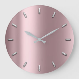 Mauve Pink Metallic Minimal Silver Gray Large Clock