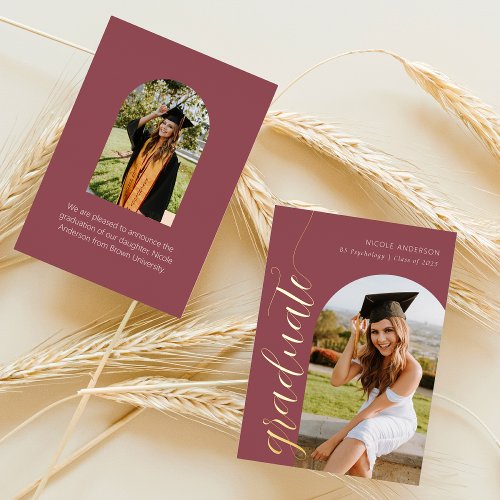 Mauve Pink Modern Arch Graduation Photo Script Foil Holiday Card