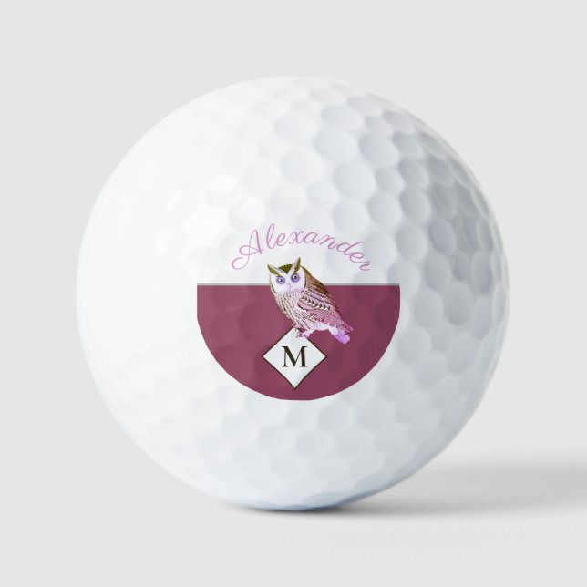 Mauve Pink Owl Monogram Name Golf Head Cover Balls (Front)