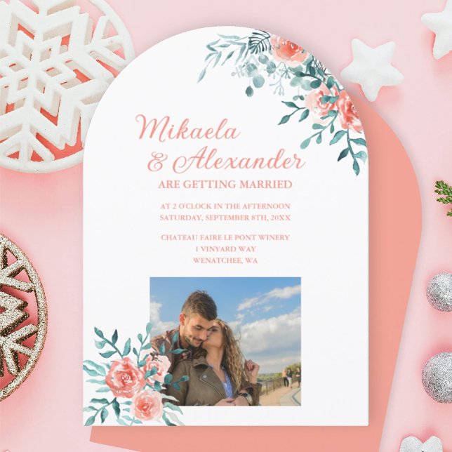 Mauve Pink Roses, Light Green Eucalyptus Wedding Invitation (winter peach, pink roses, light green eucalyptus leaves arched wedding invitation)