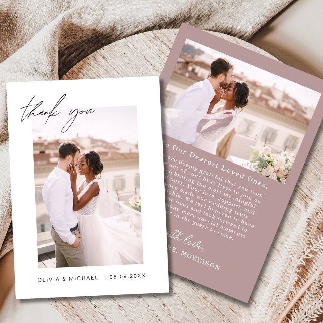 Mauve Pink Script Photo Wedding Thank You Card (Creator Uploaded)