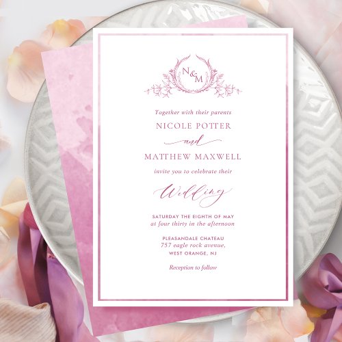 Mauve Pink Watercolor Elegant Monogram Wedding Invitation
