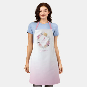Mauve pink watercolor floral custom monogram apron