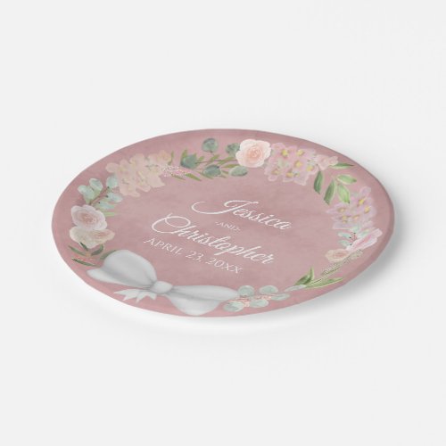 Mauve Pink Watercolor Floral Wreath Wedding Paper Plates