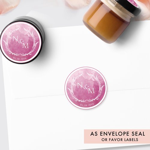 Mauve Pink Watercolor Monogram Envelope SealFavor Classic Round Sticker