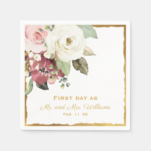 Mauve Pink White Floral 1st Day as Mr Mrs Wedding Napkins
