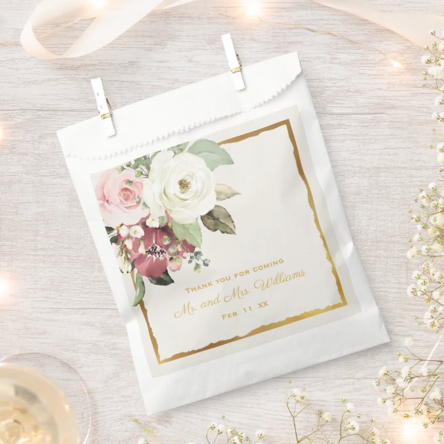 Mauve Pink White Florals Thank You Mr Mrs Wedding Favor Bag (Clipped)
