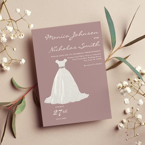 Mauve pink white lace wedding dress chic wedding  invitation
