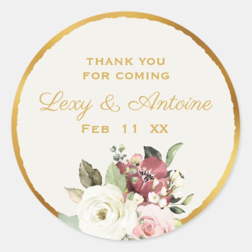 Mauve Pink White Watercolor Florals Luxe Gold Edge Classic Round Sticker