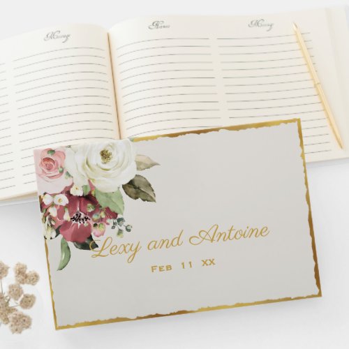 Mauve Pink White Watercolor Florals Luxe Gold Edge Guest Book