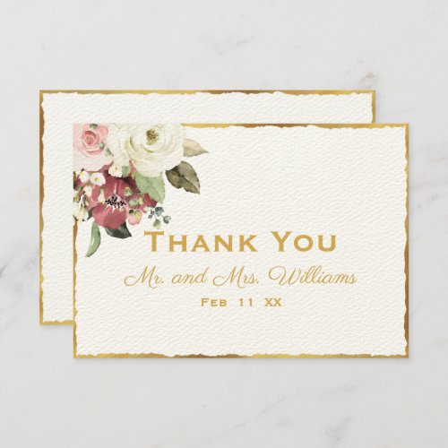 Mauve Pink White Watercolor Florals Luxe Gold Edge Thank You Card