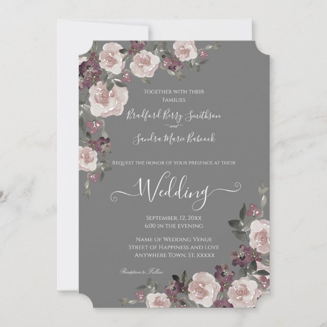 Mauve Plum on Gray Floral Wedding Invitation (Front)