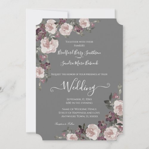 Mauve Plum on Gray Floral Wedding Invitation