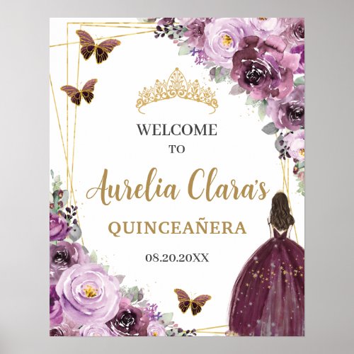 Mauve Plum Purple Floral Princess Gold Quinceaera Poster