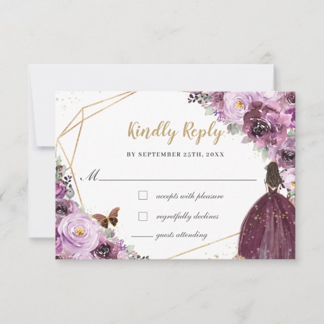 Mauve Plum Purple Floral Quinceañera Princess RSVP (Front)