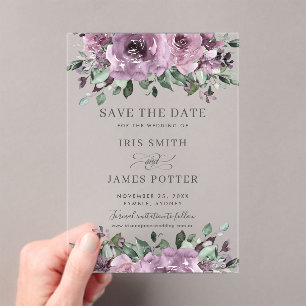 Mauve Plum Purple Floral Wedding Save the Date Acrylic Invitations