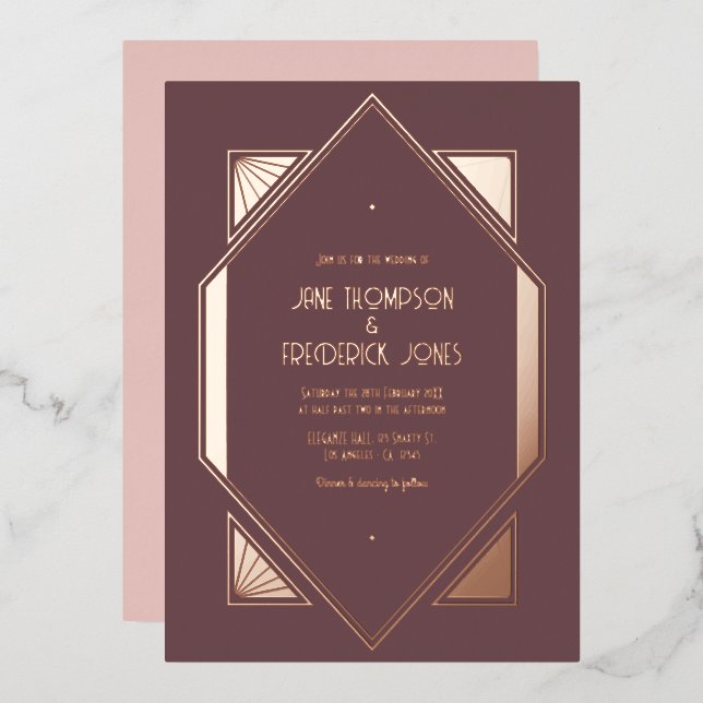 Mauve Plum & Rose Gold Gatsby Art Deco Wedding Foil Invitation (Front/Back)