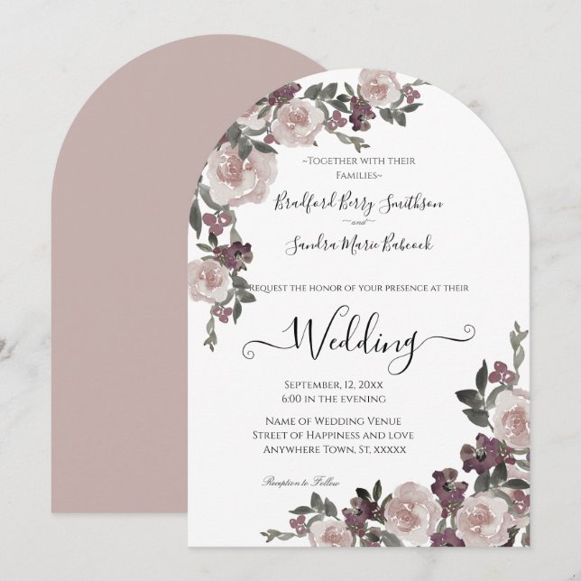 Mauve Plum Watercolor Floral Wedding Invitation (Front/Back)
