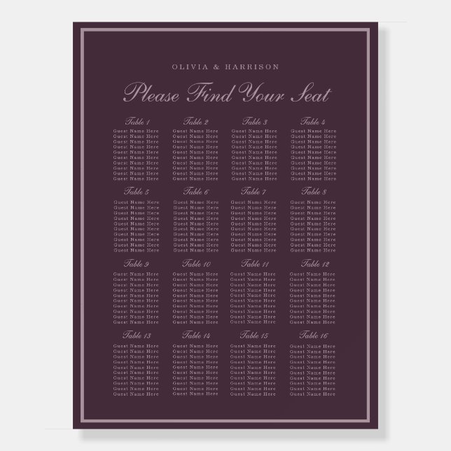 Mauve Plum Wedding Seating Chart Foam Board (Front)
