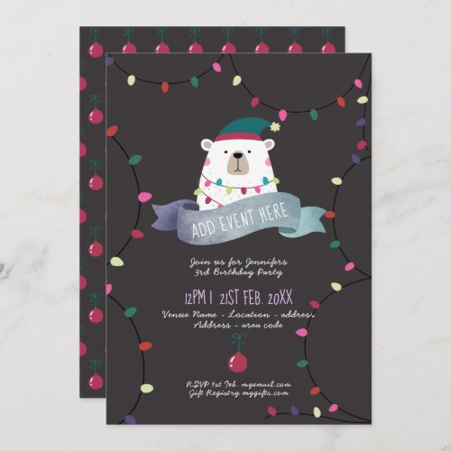 Mauve Polar Bear Christmas Invitation ANY EVENT