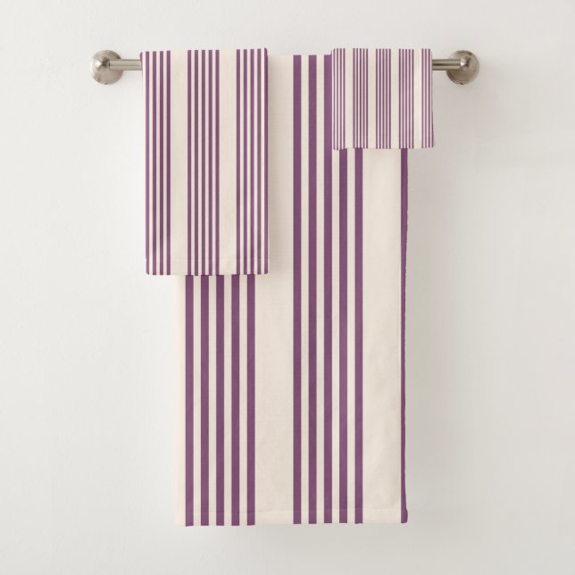 Mauve purple and beige five stripes pattern bath towel set (Insitu)