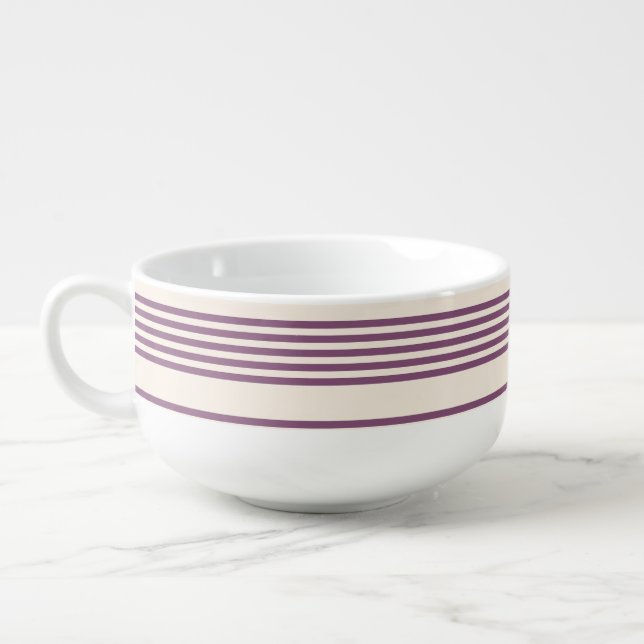 Mauve purple and beige five stripes pattern soup mug (Right)
