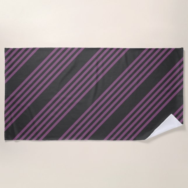 Mauve purple and charcoal five stripes pattern beach towel (Front)