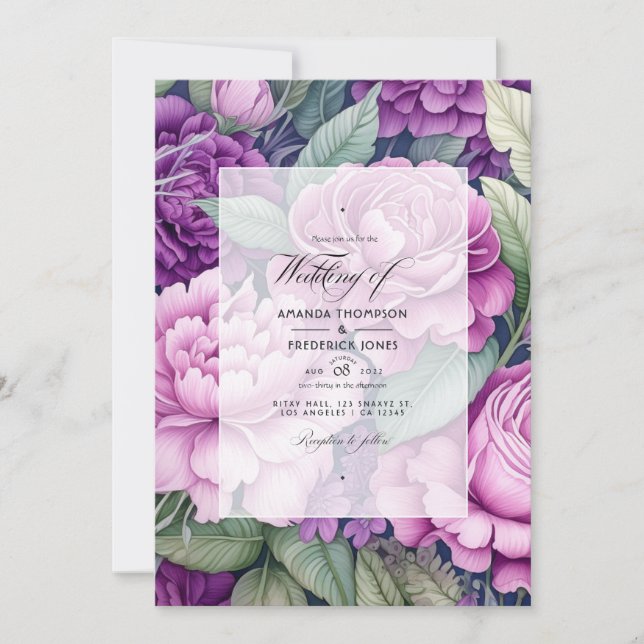 Mauve Purple and Greenery Floral Wedding Invitation (Front)