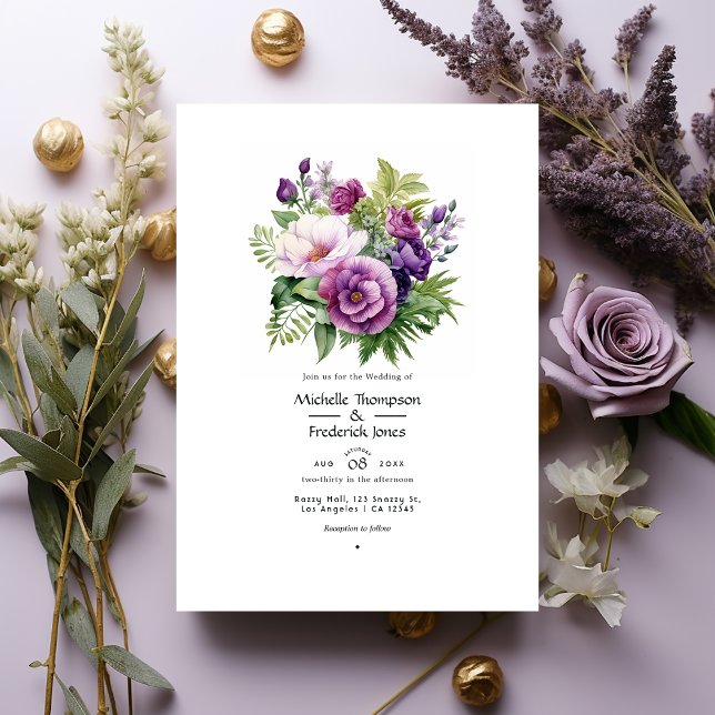 Mauve Purple and Greenery Floral Wedding Invitation (Creator Uploaded)