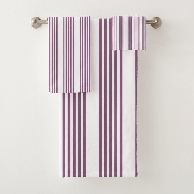 Mauve purple and white five stripes pattern bath towel set (Insitu)