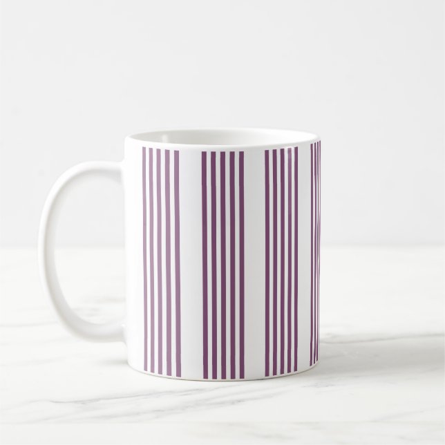 Mauve purple and white five stripes pattern coffee mug (Left)