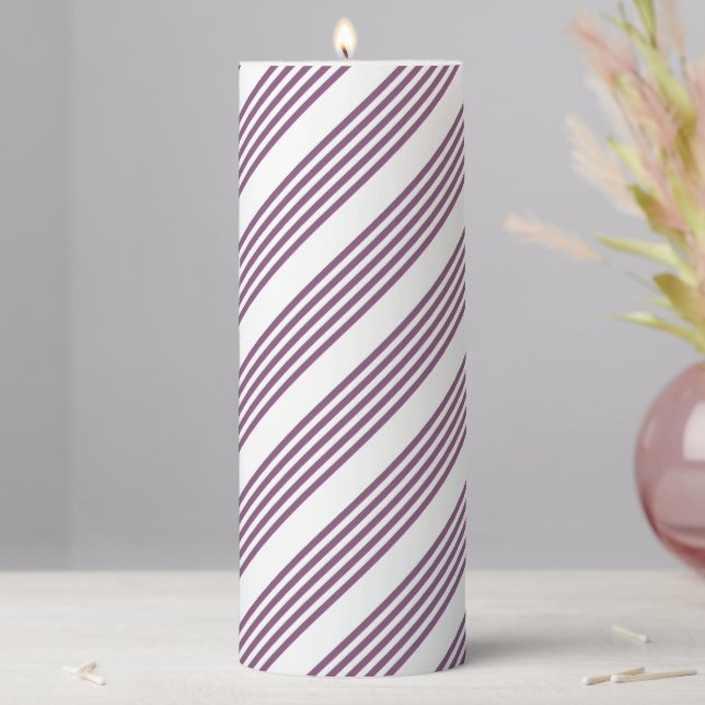 Mauve purple and white five stripes pattern pillar candle (In Situ)