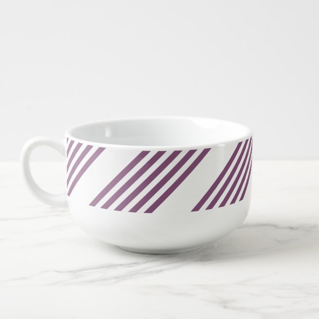 Mauve purple and white five stripes pattern soup mug (Right)
