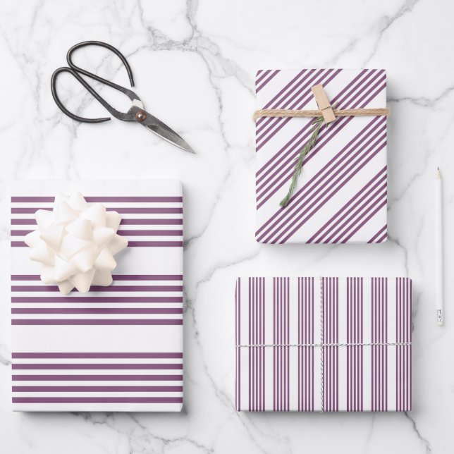Mauve purple and white five stripes pattern wrapping paper sheets (Front)