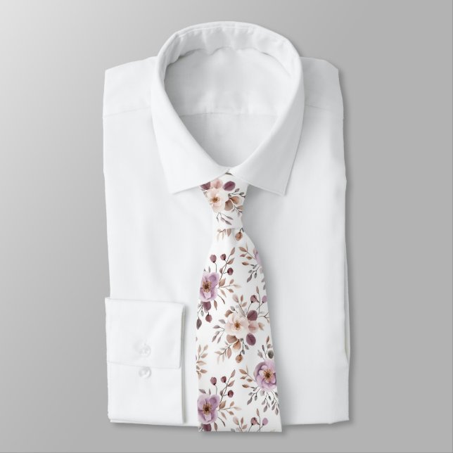 Mauve Purple Beige Floral Wedding Groomsman  Neck Tie (Tied)